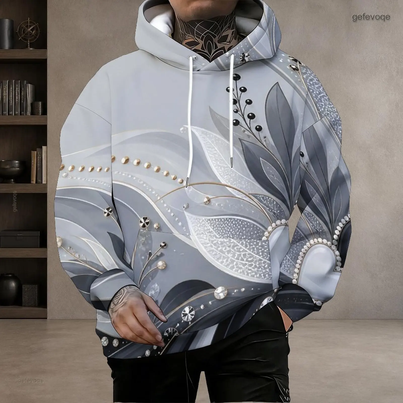 Grey Tone Abstract Leaf Jewel Pearl Printed Long Sleeve Drawstring Pullover Hoodie