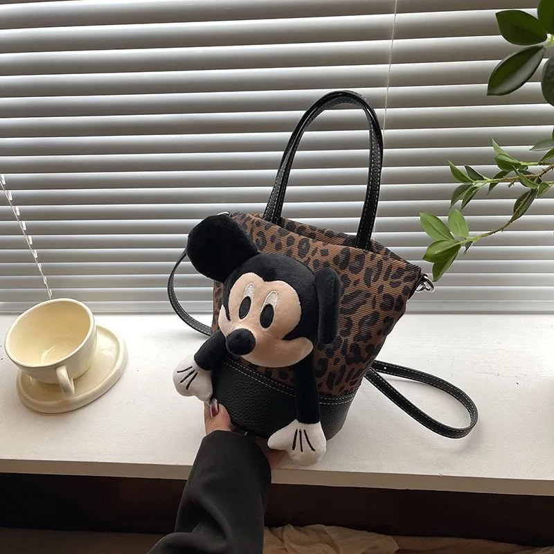 

Small niche design leopard print Mickey bucket bag for women 2024 new fashionable and stylish single shoulder crossbody bag