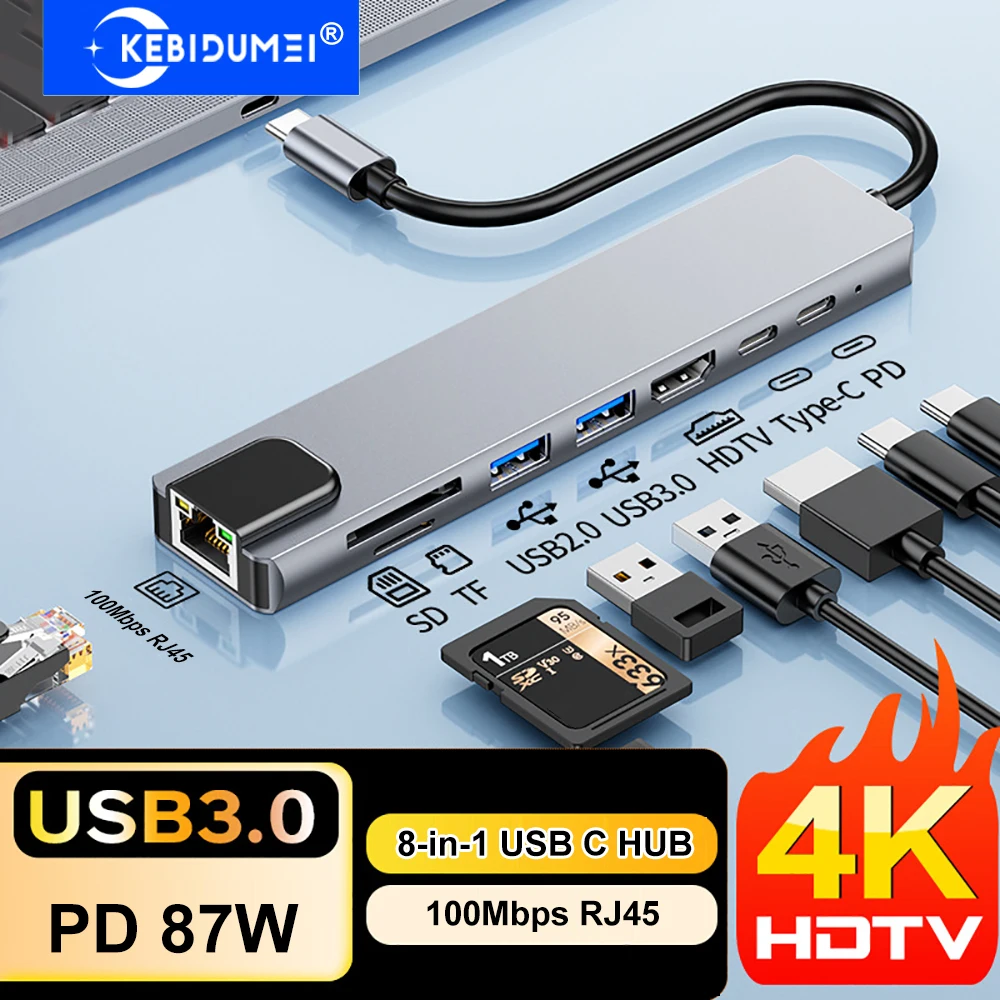 

8 in 1 USB C Hub Type C 3.1 to 4K HDMI Adapter USB 3.0 Docking Station Type C Splitter with RJ45 SD/TF Card Reader PD for Laptop