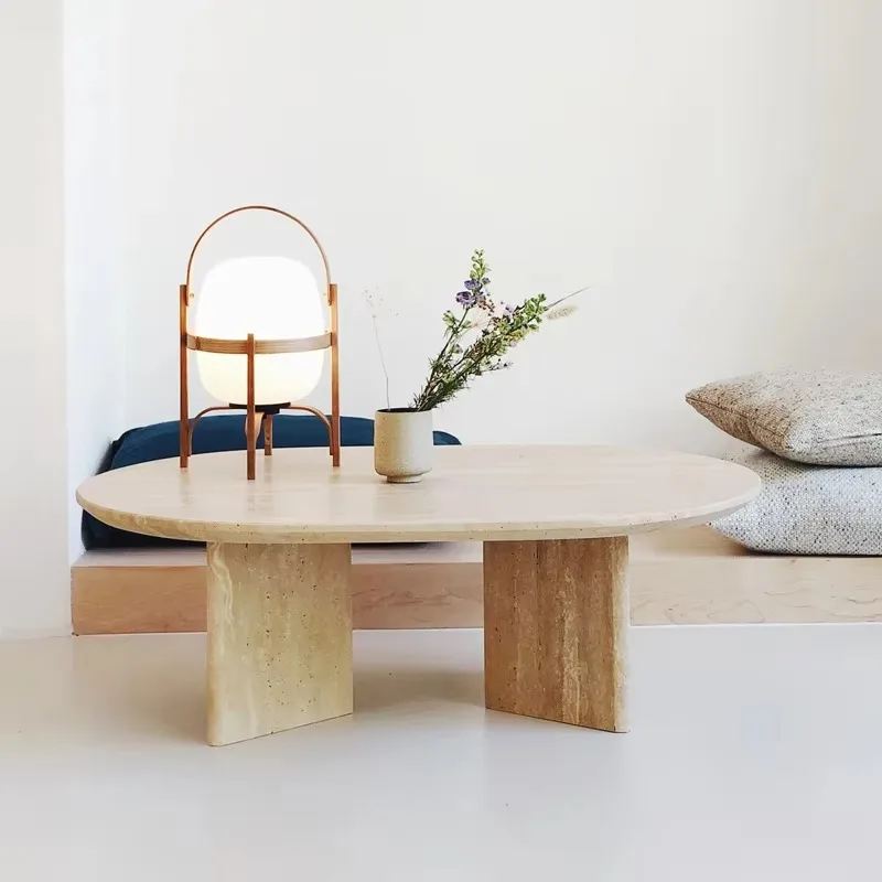 جديد وصول الحديثة مصقول البيج الحجر الطبيعي طاولة شاي Basse Travertin Bean Shape Travertine Coffee Table