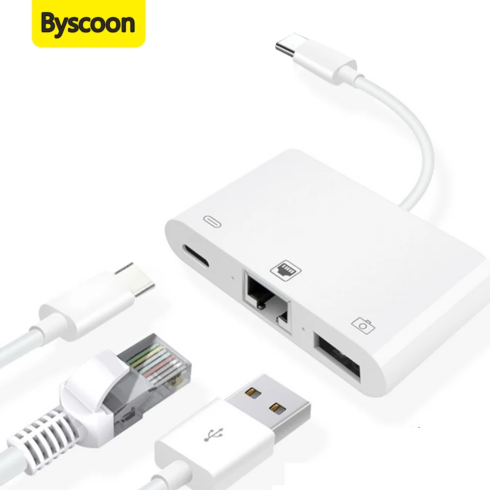 Adaptateur Ethernet USB-C 3-en-1 avec port de charge et USB-A, 100 Mbps, réseau LAN pour iPhone 17, 16, 15 et appareils USB-C
