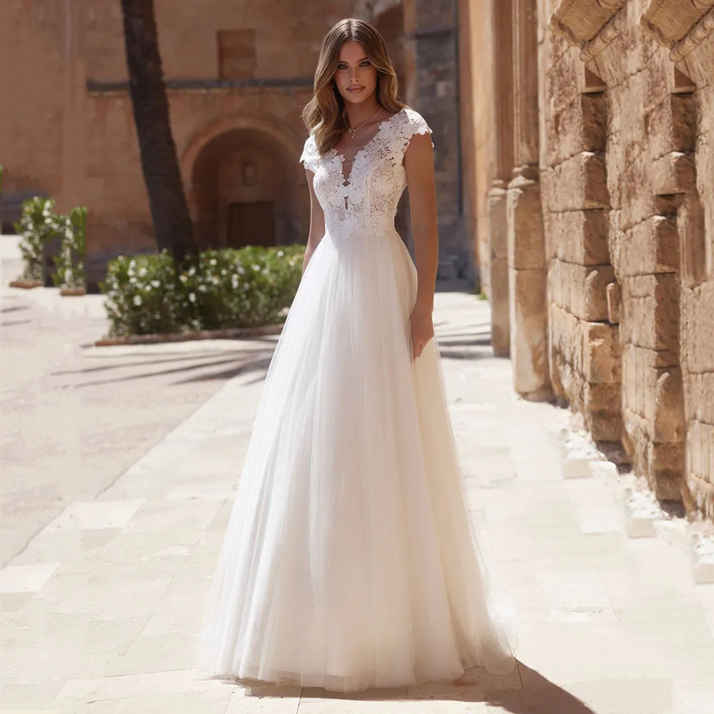 

Msikoods Bridal Dress 2025 Lace Applique Cap Sleeve V Neck Tulle Brides Dress Backless Customized Bohemian Wedding Dresses