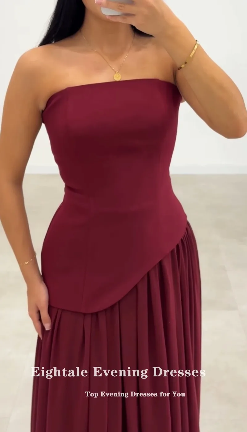 Eightale-vestido de noche árabe sin tirantes, plisado, sin mangas, color Burdeos, vestido de fiesta musulmán personalizado, vestido de fiesta de boda, sirena