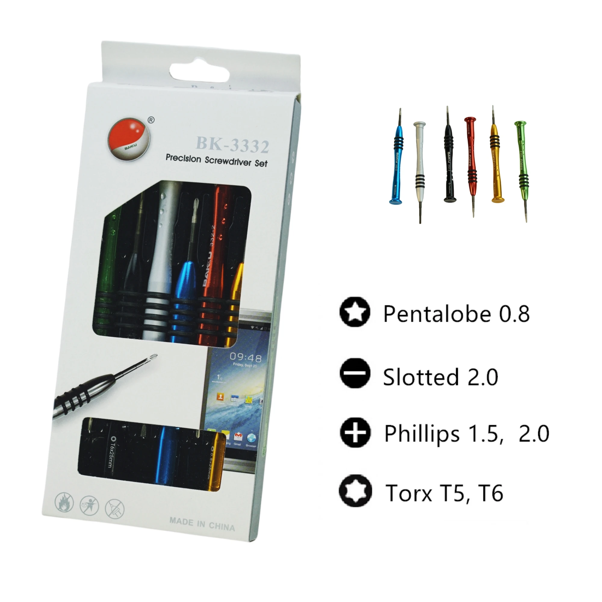 

BAKU BK-3332 6 pieces/Box Precision Screwdriver set( 6 Size/Type),Alloy Steel Handle,Chrome Vanadium Head,Perfect Model