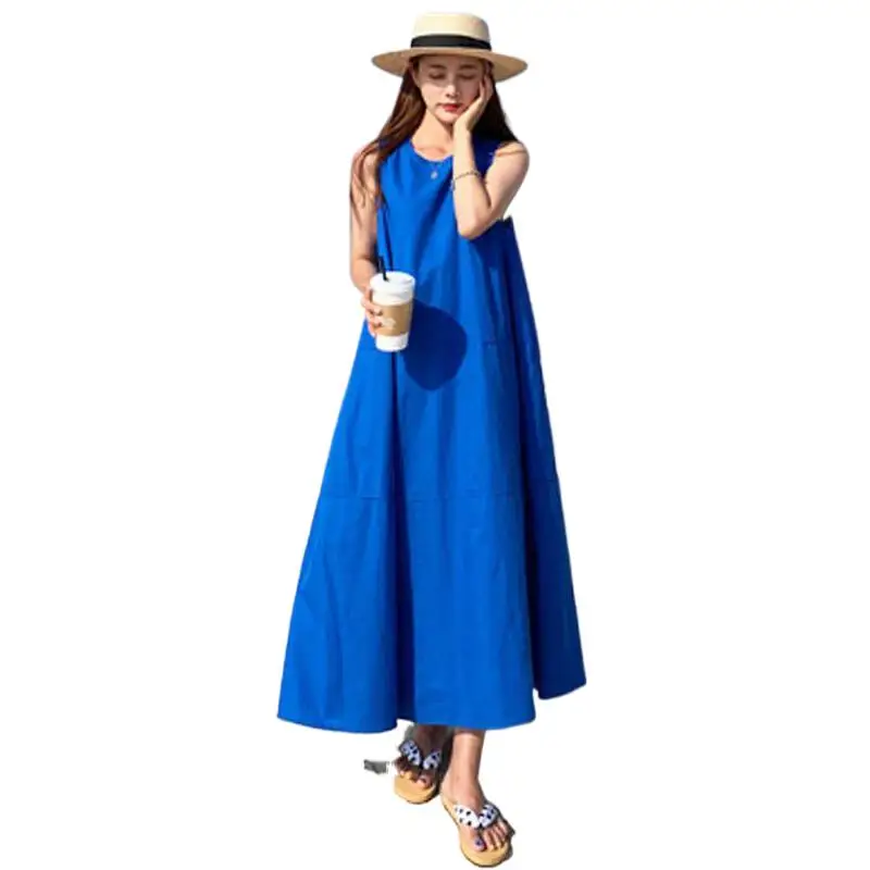 

Summer Beach Maxi Dress Women blue red Boho Long Dress Ruffles Casual O-Neck Sexy Party Dress Robe plus sie cotton dress