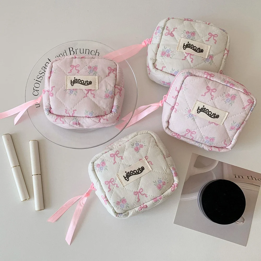 Pink Bow Print Square Mini Cosmetic Bag Ribbon Zipper Makeup Bags Women Portable Earphones Lipstick Storage Pouch Student Purse