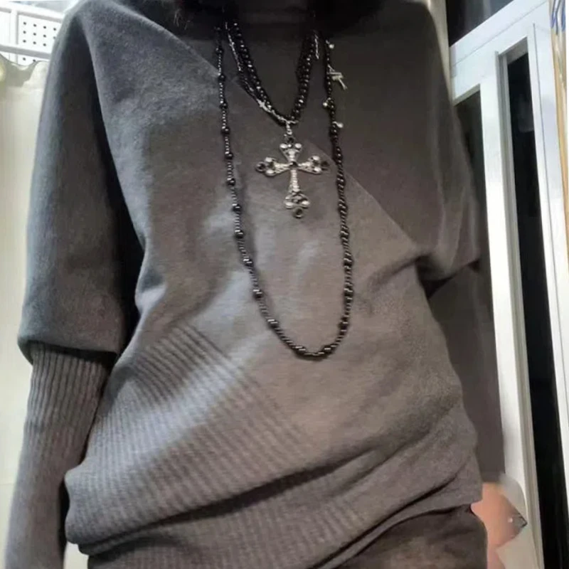 American Vintage Autumn Winter Women Sweater Solid Turtleneck Patchwork Irregular Bat Type Long Sleeve Pullovers Knitted Tops