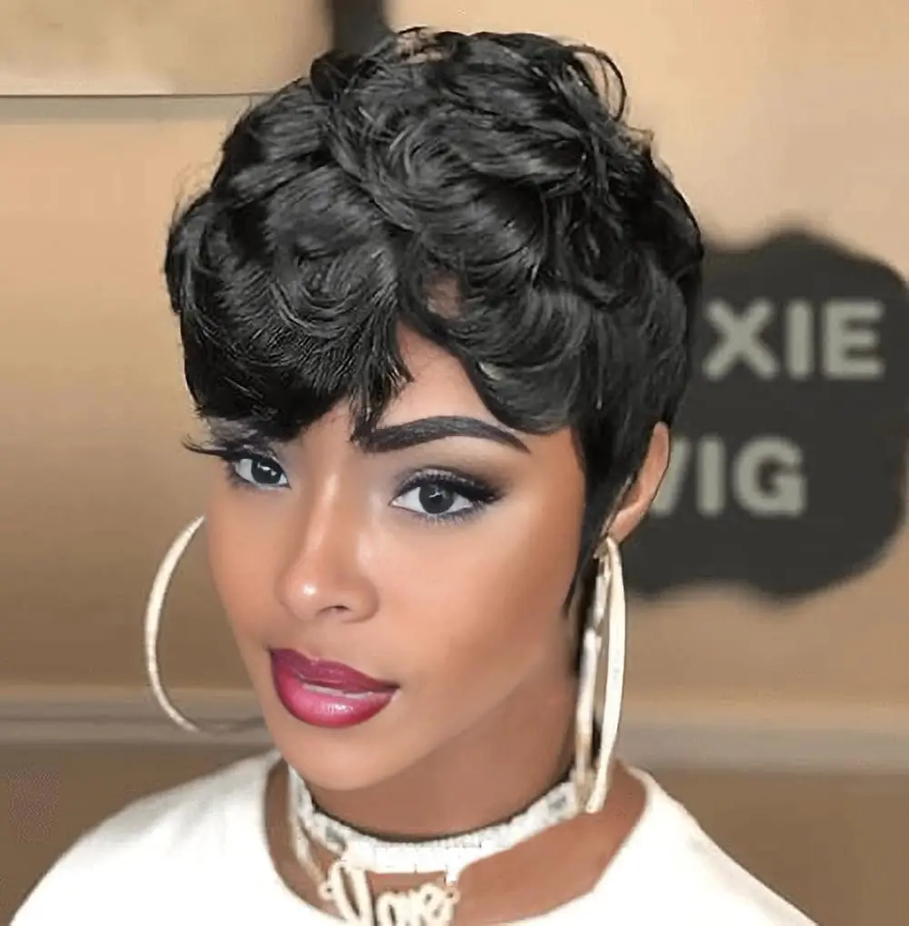 Short Ombre Hair Wigs for Black Women Afro Curly Hairstyles for Women Pixie Cut Wigs with Curly Bangs