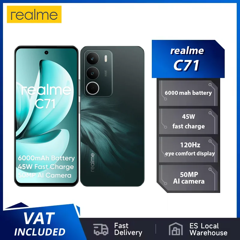 هاتف ذكي Realme C71 بشاشة 120 هرتز وبطارية 6000 مللي أمبير في الساعة بقدرة 45 وات SUPER WOOC شحن كاميرا 50 ميجا باسكال IP64 محرك عالي السرعة 8 + 256 جيجابايت NF