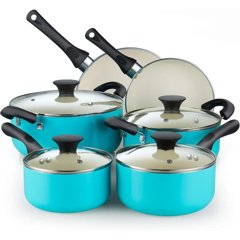 

10-Piece Ceramic Nonstick Cookware Set - Pots, Pans, Dutch Oven, Saucepans, Frying Pans and Lids - Turquoise