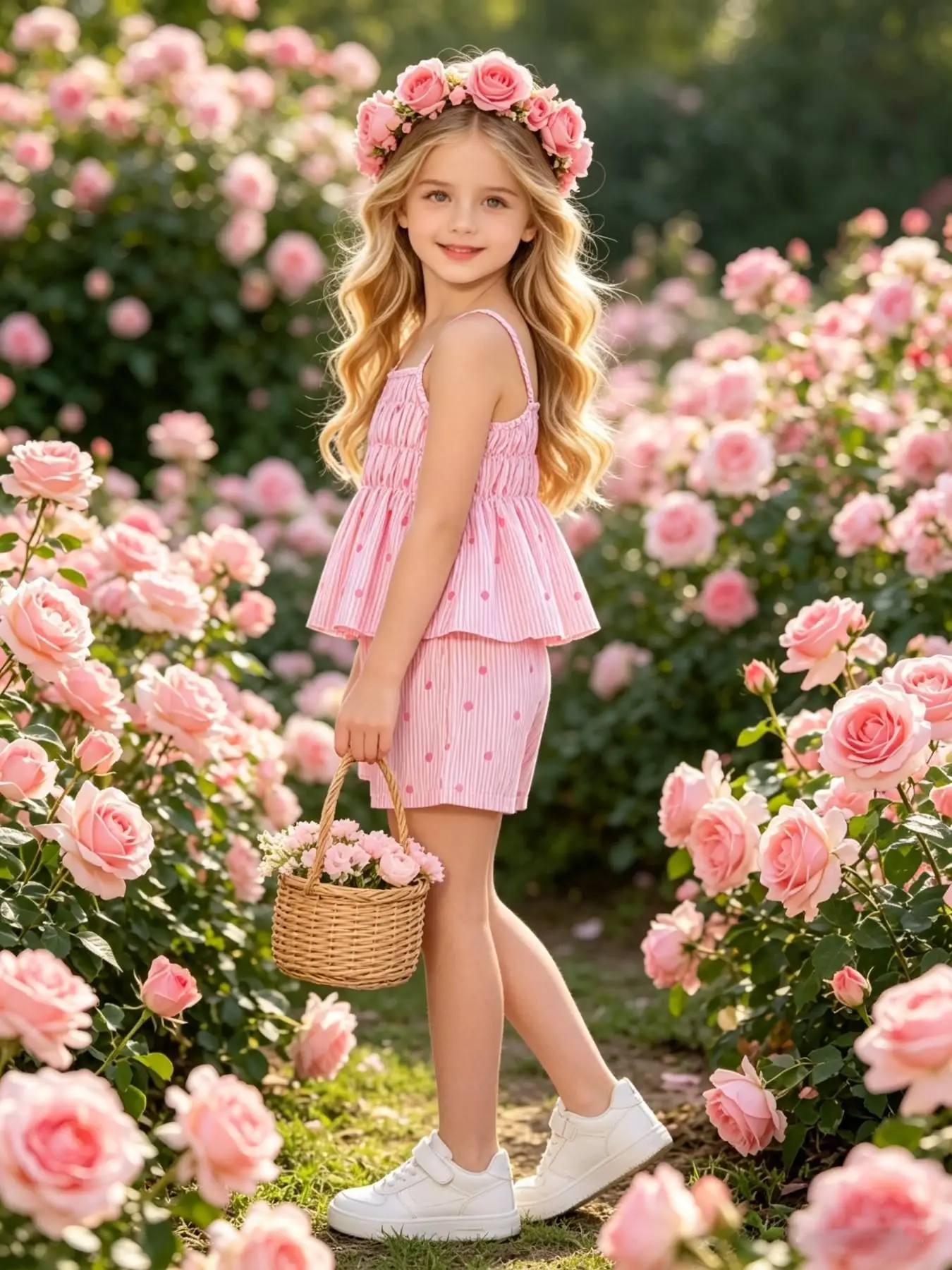 Sommerliches, lässiges Zweiteiler-Set für Mädchen: Gestreiftes und mit Herzen bedrucktes Spaghettiträger-Top + Shorts mit elastischem Bund – Ein stilvolles, lässiges Outfit – Detail 4