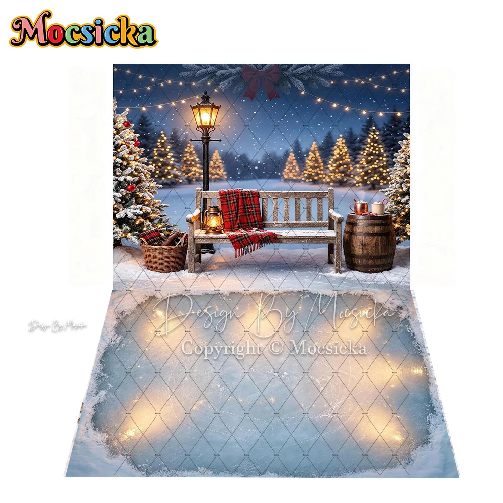 Mocsicka Backdrop Photography Outdoor Snowy Hot Cocoa Cart Christmas Corner Lantern Background Kids Family Winter Holiday Photo