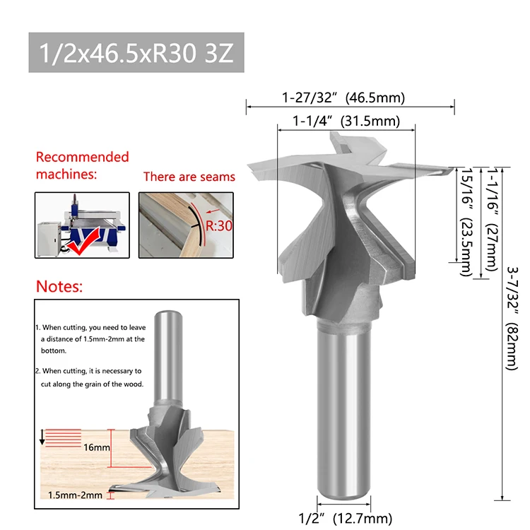LAVIE 1 Stück 1/2" Schaft Holzbiegefräser-Set, 2- und 3-schneidiger CNC-Fräser, R8-R50 Profilierwerkzeug für Holzkurven – Detail 9