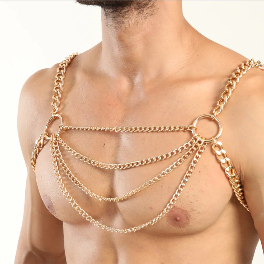 Sexy Men Fashion Accessories Metal Cosplay Hollow Out Body Strap Chain Gay Sissy Harness Club Chest Jewelry Necklace Bdsm Fetish