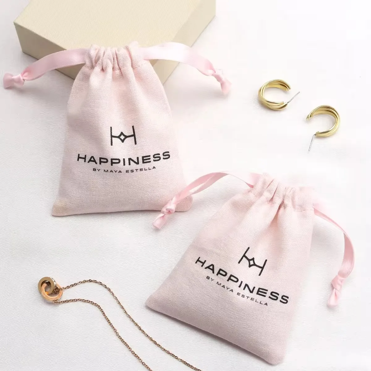 Pink Cotton Jewelry Gift Packing Pouch Custom Logo  for Wedding Christmas Party Candy Gift Bag Jewelry Organizer bag