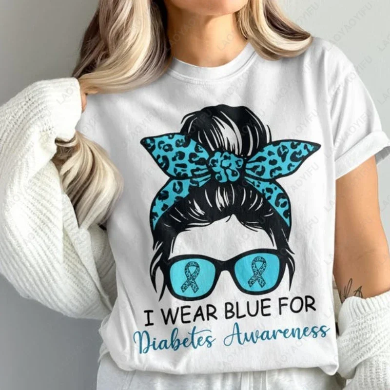 I Wear Blue for Diabetes Awareness Tees Leopard Messy Bun Blue Ribbon Clothing Men Women High Quality Cotton Adult Unisex Tshirt