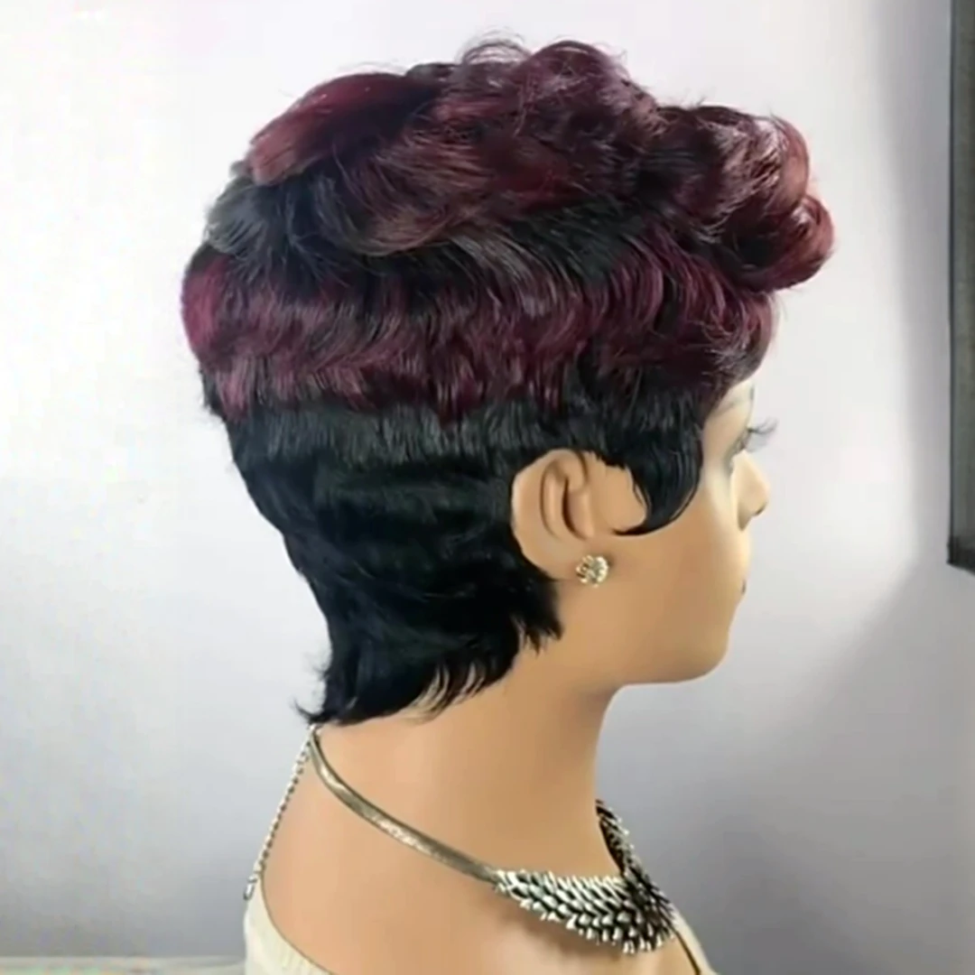 Parrucca bordeaux Pixie Cut per le donne capelli umani 1 b99j # parrucca corta onda riccia Pixie Bob parrucche parrucca corta fatta a macchina piena