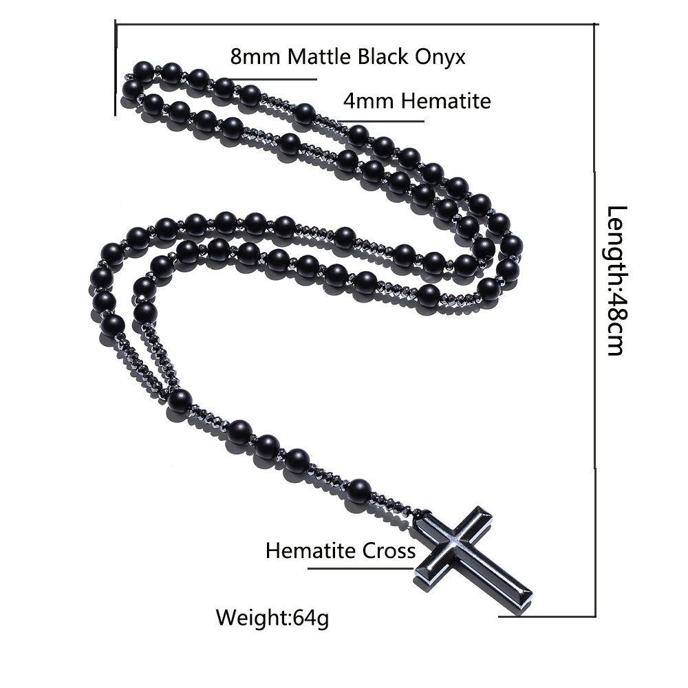 Matte Black Onyx Beaded Catholic Christian Rosary Necklace Cross Pendant Men and Women Meditation Mala Jewelry