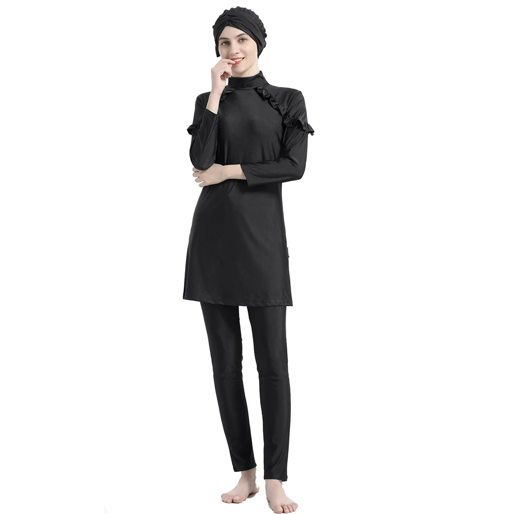 Summer Burkini Muslim Women Swim Suit 3 Pieces Plus Size 4XL Long Sleeve Conservative Suit Beach Surfing Swimwear Solid Color