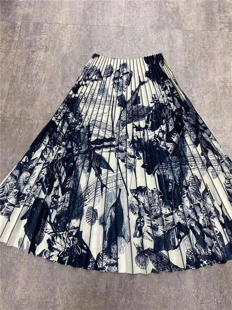 Fashion European American Famous Brand Catwalk Black and White Printed Pleated Skirt Fan Fabric Semi-finished DIY Acetate Fabric