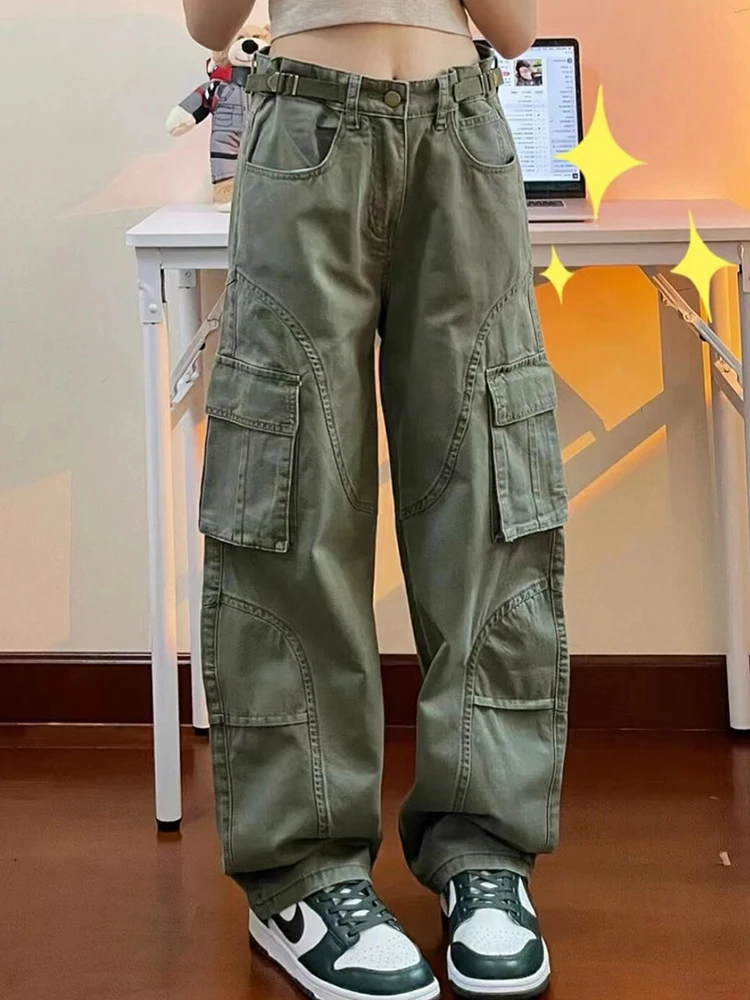 بنطلون عمل أخضر عسكري فضفاض بساق مستقيمة وخصر مرتفع للرجال والنساء، تصميم ضيق بأسلوب كاجوال عصري #1