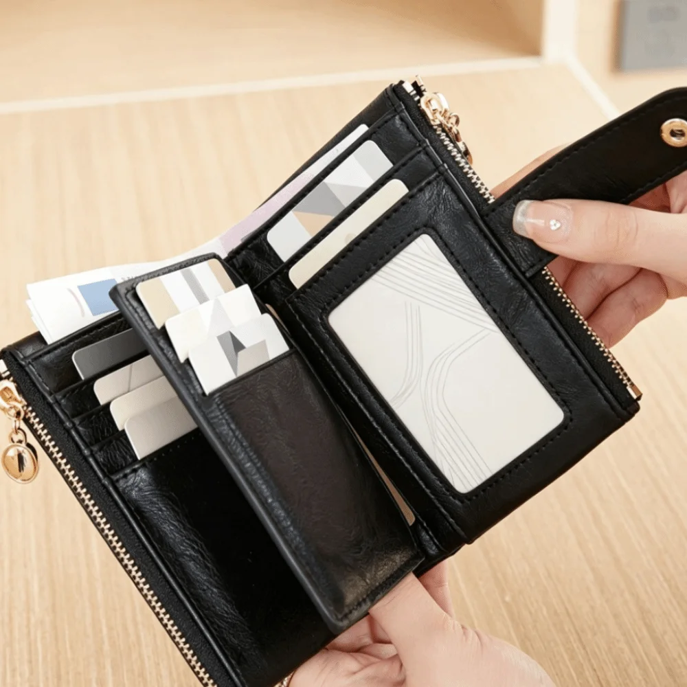 Leopard Print PU Leather Short Wallet Double Zipper Polyester Lining Trifold Wallet Large Capacity Multi Card Slots Card Holder