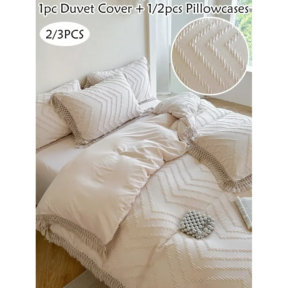 

Комплект из 3 предметов: пододеяльник и наволочки цвета хаки в богемном стиле с волнистыми полосами, вырезами и кисточками, винтажный деревенский цветочный дизайн