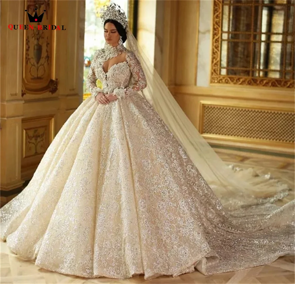 Custom Made Luxury Weddding Dresses 2023 New Ball Gown Long Sleeve Tulle Lace Crystal Flowers Formal Bridal Gowns SD21