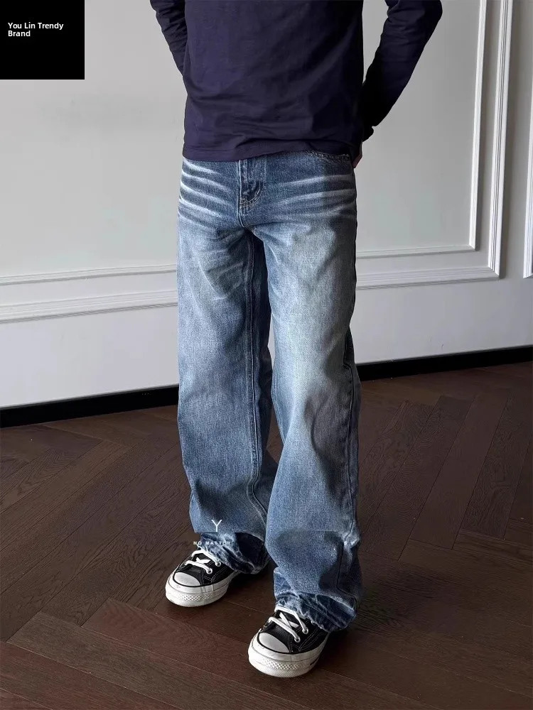 

American Style Heavyweight Washed Vintage Deep Blue Loose Straight Leg Men's Jeans 3D Honeycomb Pure Cotton Long Trousers