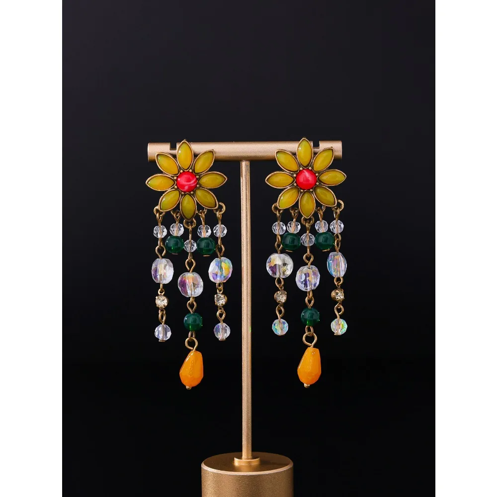Statement Handmade Resin Flower Earrings, Retro Versatile Palace Elegant Earrings, Medieval Vintage Beads Tassel Dangle Earrings