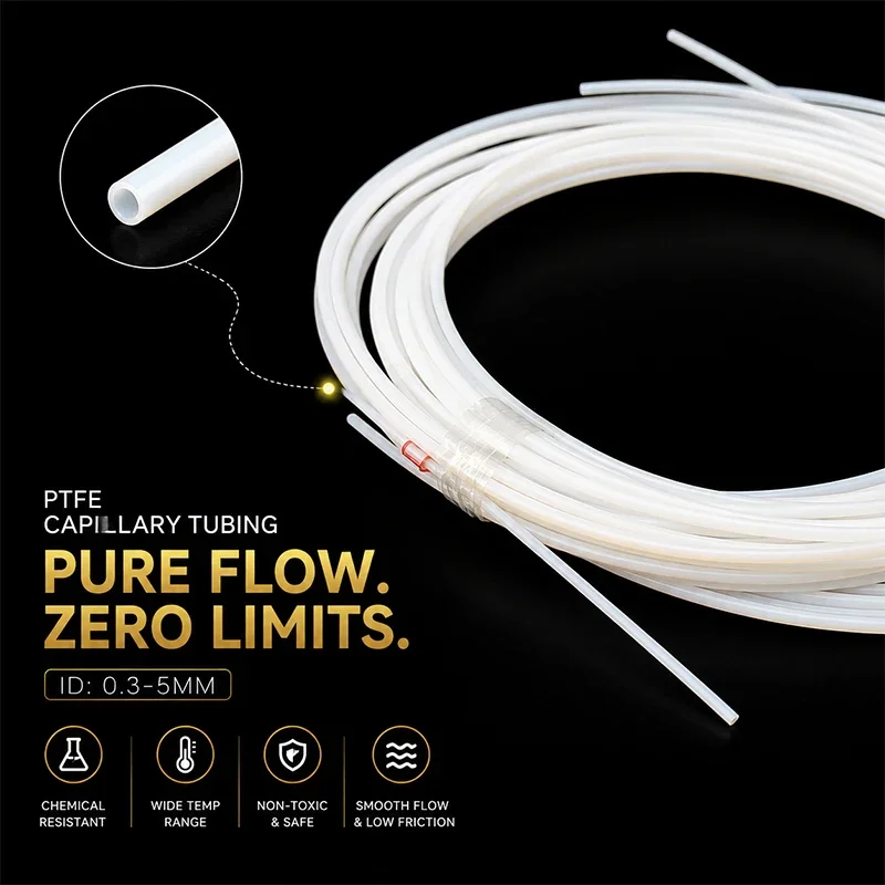 White Capillary PTFE Tube ID0.3-5mm Laboratory Reagent Delivery Tube, Low Friction, Self-lubricating, Strong Acid Resistance.