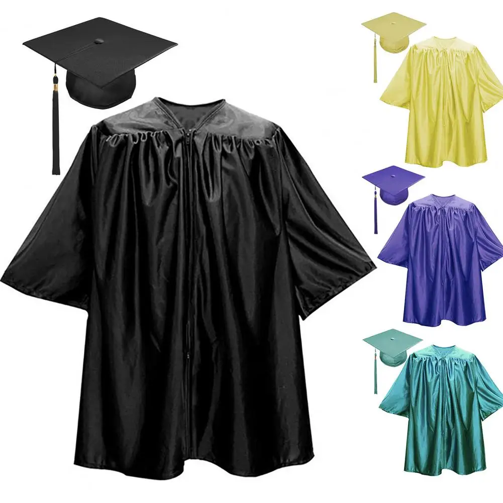 1 Set Unisex Kinderen Graduatie Gewaad Hoed Set Rits Losse Kwast Kleuterschool Afstudeerceremonie Jurk Cap Kwastset