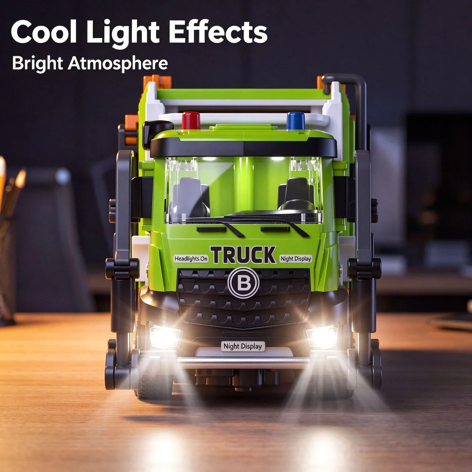 RC 1:64 Alloy Sanitation Garbage Truck, Remote Control Engineering Model, Lifting Arm, LED Light, Collectible Toy