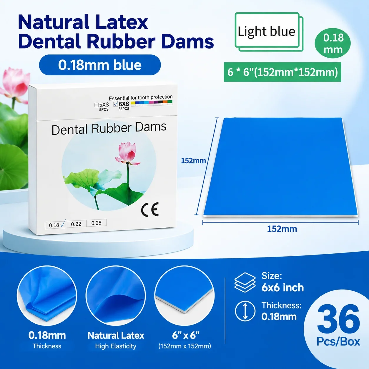 Dental Rubber Dam Sheet Natural Latex Anti-allergy Non-sterile 36Pcs 6x6 With Hole Punch Template Endodontic Oral Care Supplies