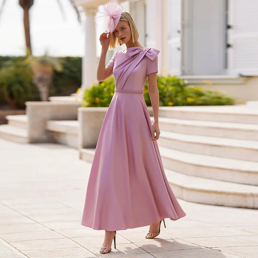 

Elegant Pink Mother Of The Bride Dress 2026 Short Sleeves Beading Pearls Bow A Line Ankle Length Satin Party Dresses Guest Gown