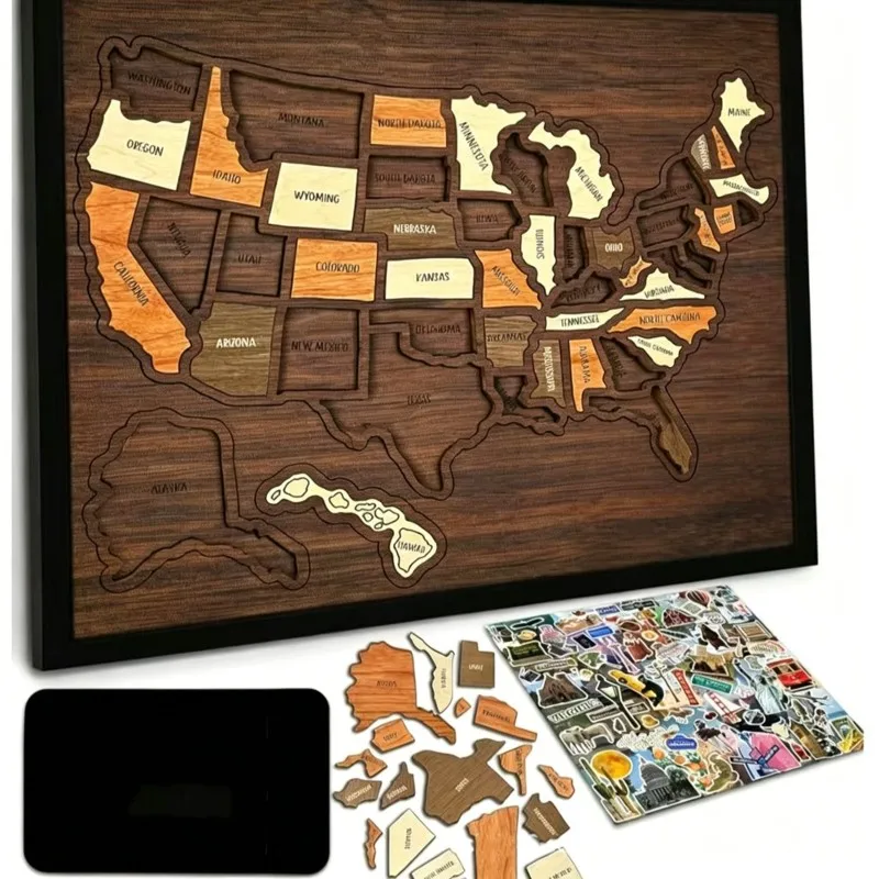 MACH-Wooden USA Travel Map Puzzle Portable Travel Jigsaw Puzzle Educational For Home Wall Decor Learning Creative Gift