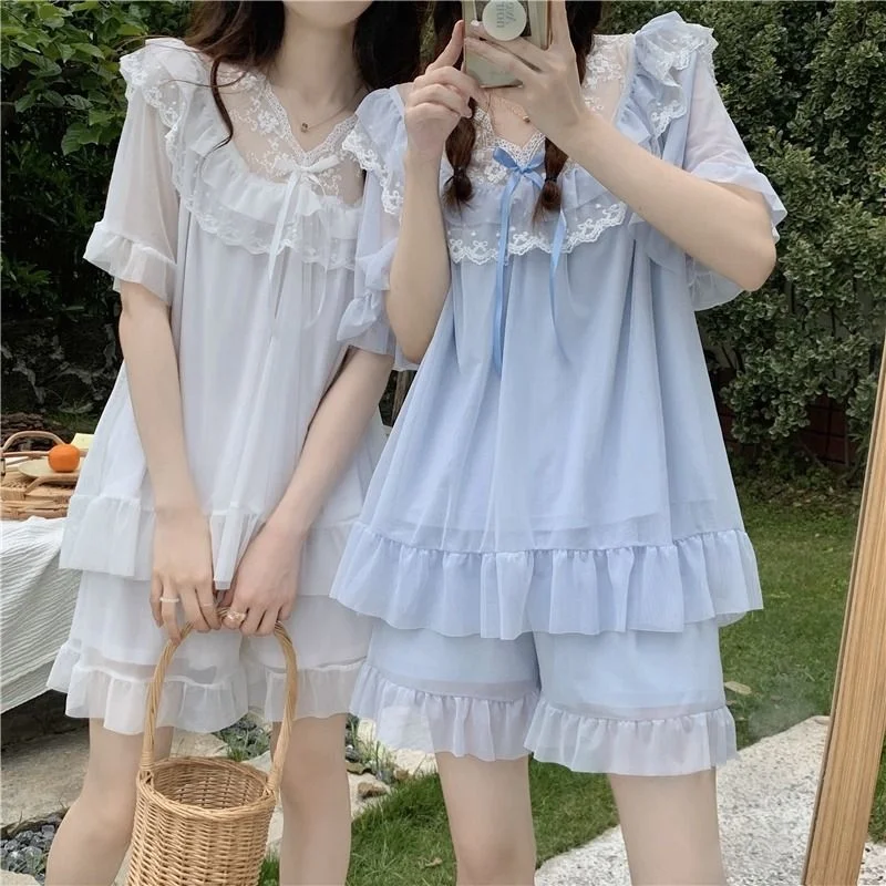 

Women's Sweet Lace Pajama Set -V-Neck Bowknot Ruffle Trim Short Sleeve Top & Shorts, Kawaii French Casual Homewear Spring Summer