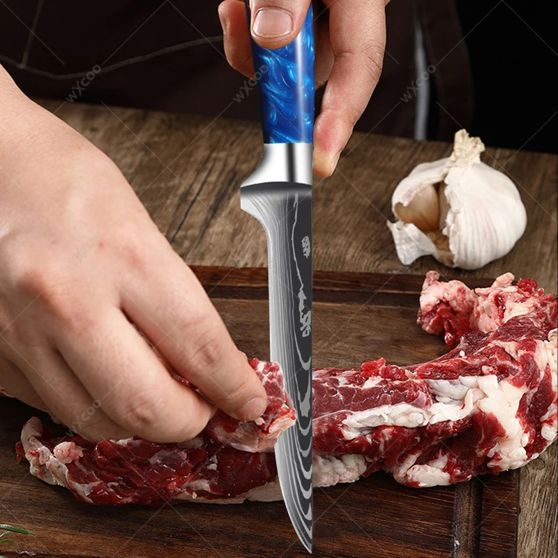 1-8pcs Kitchen Knife Set High Quality Damascus Pattern Blue Resin Handle Boning and Meat Cutting Knives Optional Knife Block