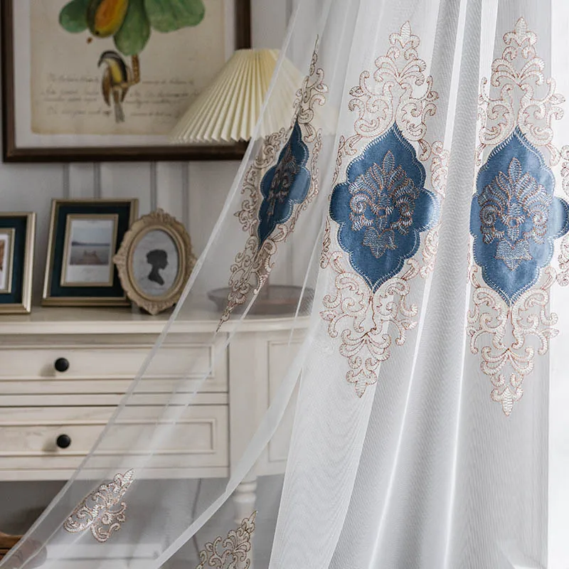 Velvet Embroidery Tulle Curtains Blue Patch Velvet Embroidery Yarn Living Room Bedroom Light Transmission Window Screen