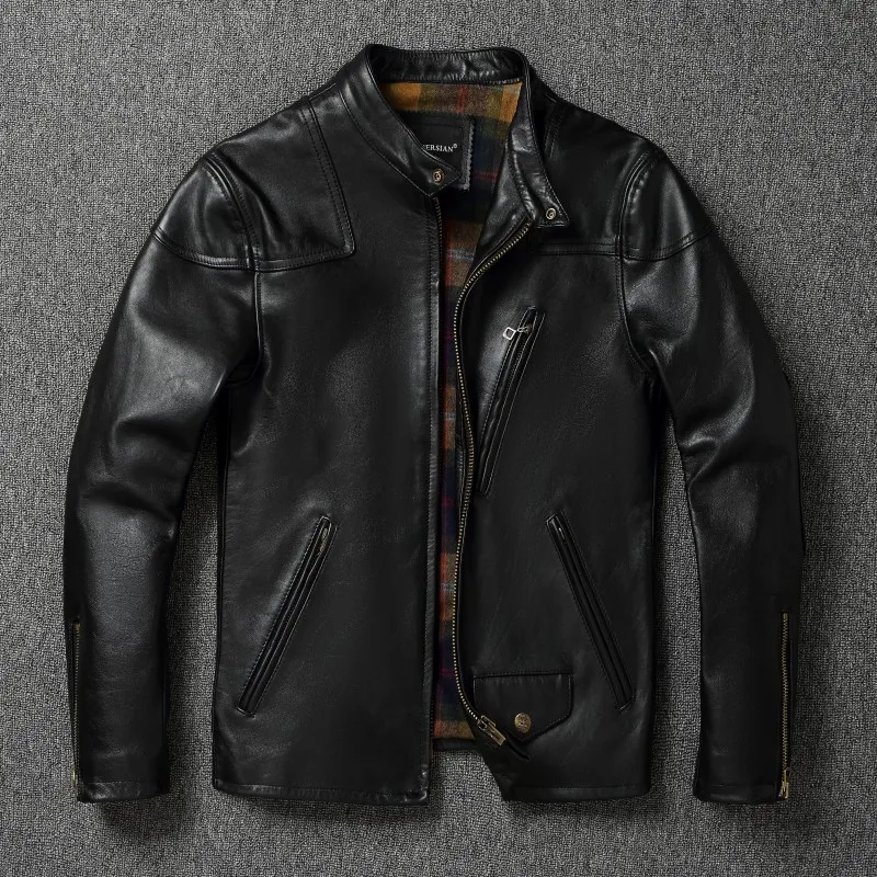 

Японская ретро кожаная куртка из конской кожи с верхним зерном, мужская облегающая короткая мотоциклетная куртка