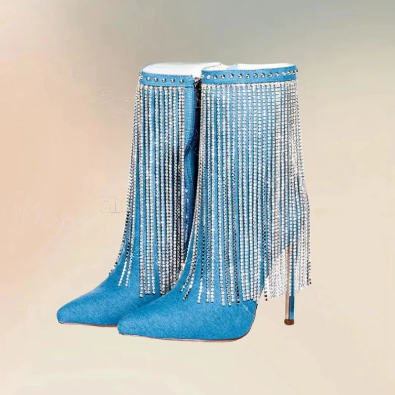Crystal Tassels Blue Pointed Toe Ankle Boots Side Zipper Women Shoes Thin High Heels Party Feast Dating 2024 Zapatos Para Mujere