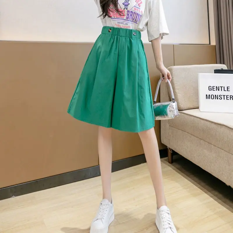Female Casual Korean Buttons Solid Color High Waist Five Quarter Pants Summer Simplicity Pleated Elastic Waist Wide Leg Pants