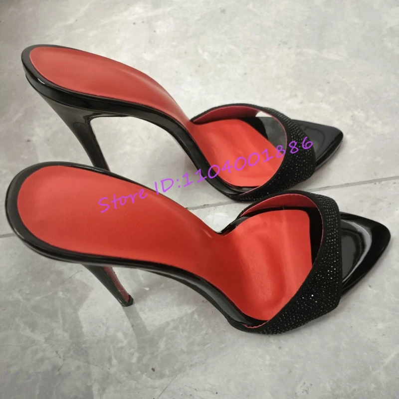 نعال كريستال خنجر فاخرة للنساء مثير أشار تو جلد أسود براءات الاختراع عالية الكعب الصيف خارج أحذية الحفلات الداخلية #5