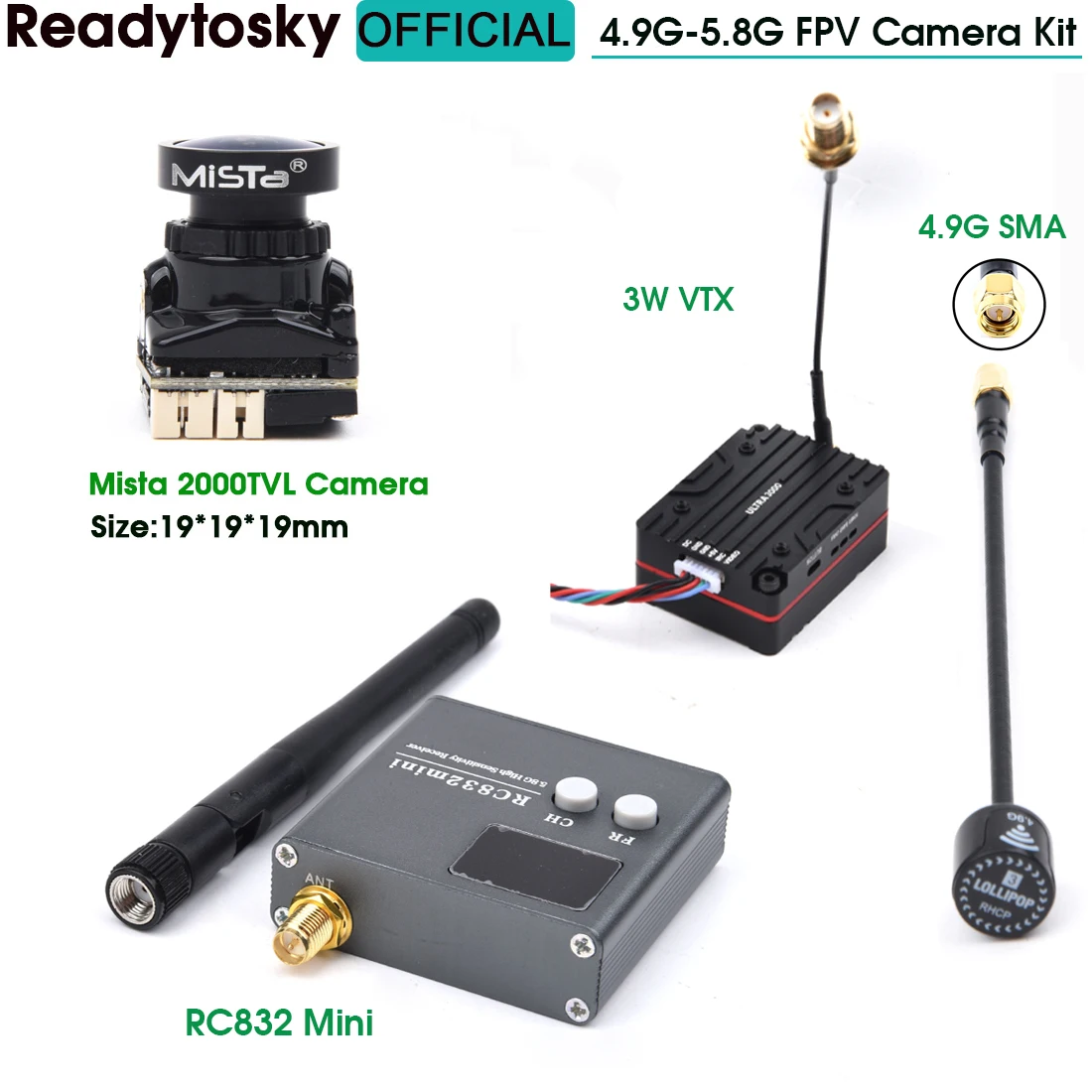 FPV Kit Combo System Mista 2000TVL Camera 4.9G-5.8G 3W 3000MW 56CH VTX  RC832 MINI Receiver for Long Range Frame kit