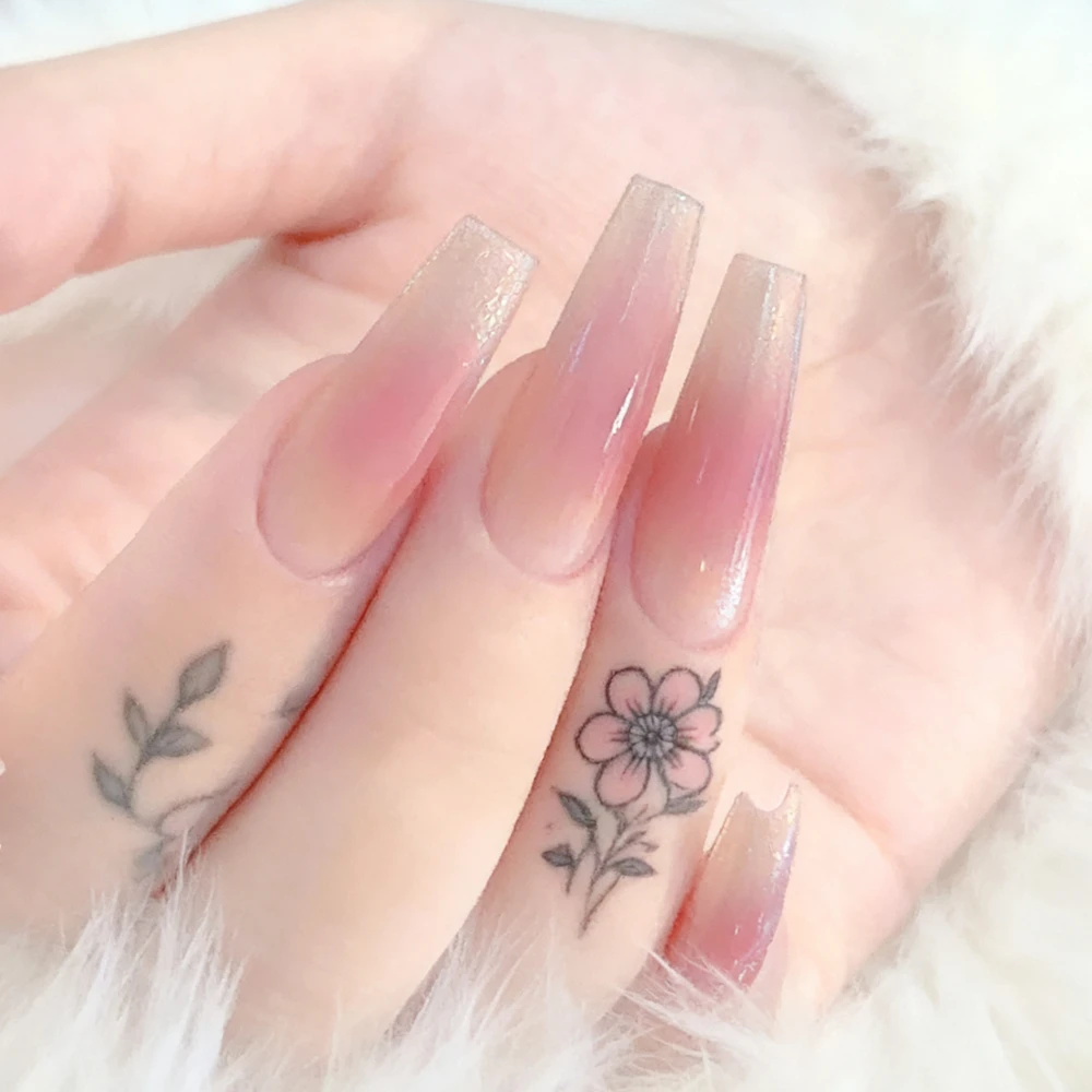 그라데이션 피치 아크릴 가짜 손톱 접착제 포함 긴 발레리나 관 모양 프레스온 네일 여성용 도매 DIY 매니큐어 도구