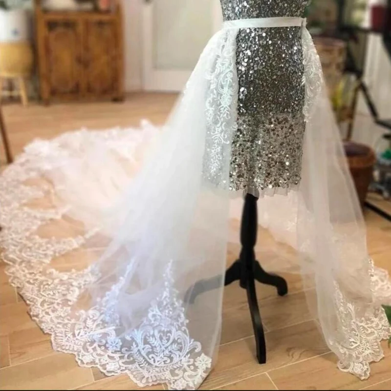 Falda de tul desmontable con apliques de encaje blanco, prenda de 3 capas, de 200cm de largo, para vestidos de novia