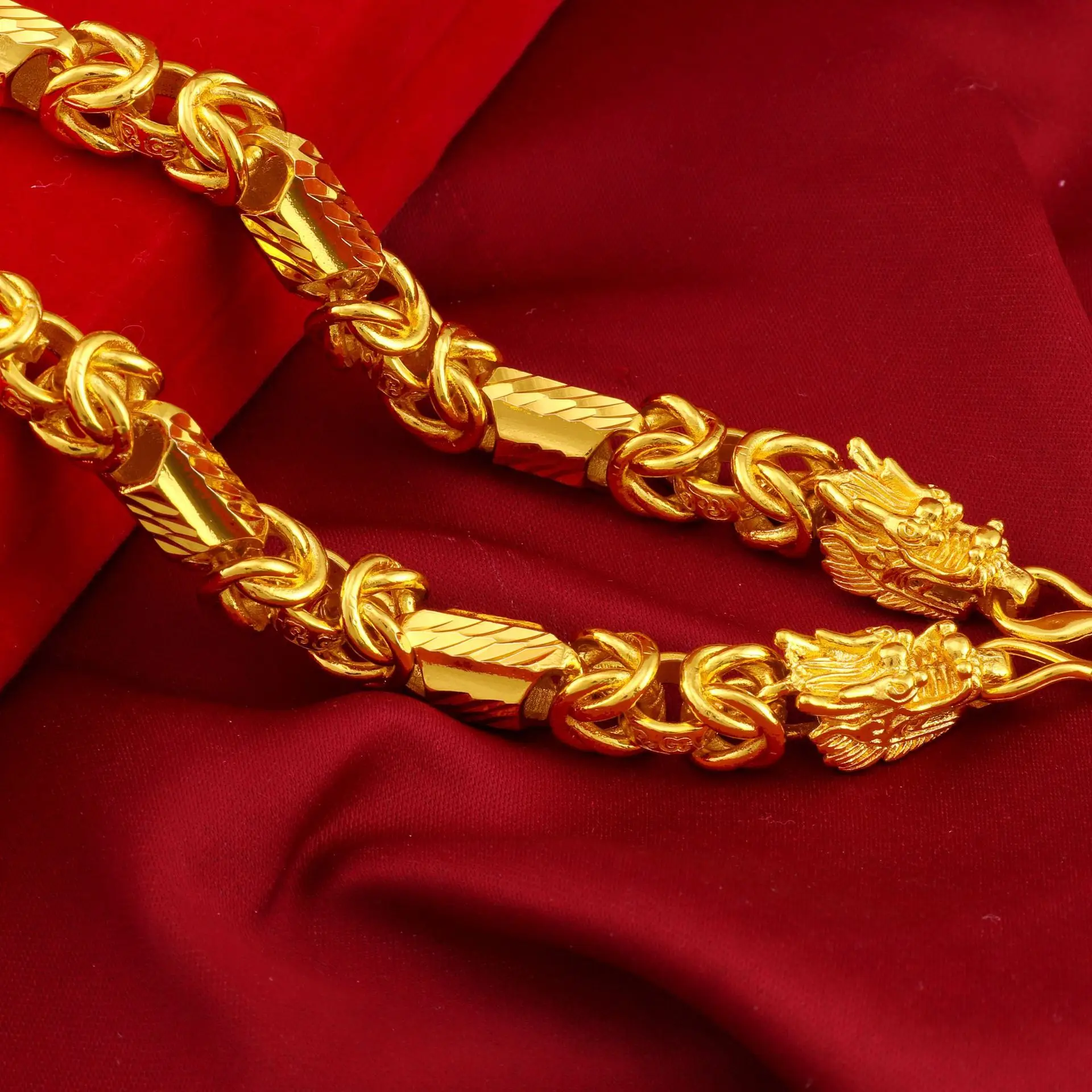 

Luxury 24K 9999 Pure Gold real gold Men's smooth dragon pattern faucet necklace bamboo dragon chain