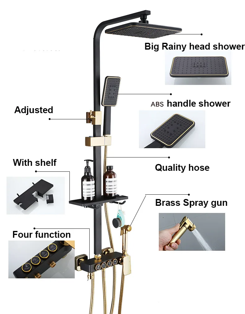 KEMAIDI Black Gold Shower Faucet Set Bathtub  4-way Mixer  Tap with Bidet and Shelf  Bathroom Rainfall Shower Systerm Wall Mount