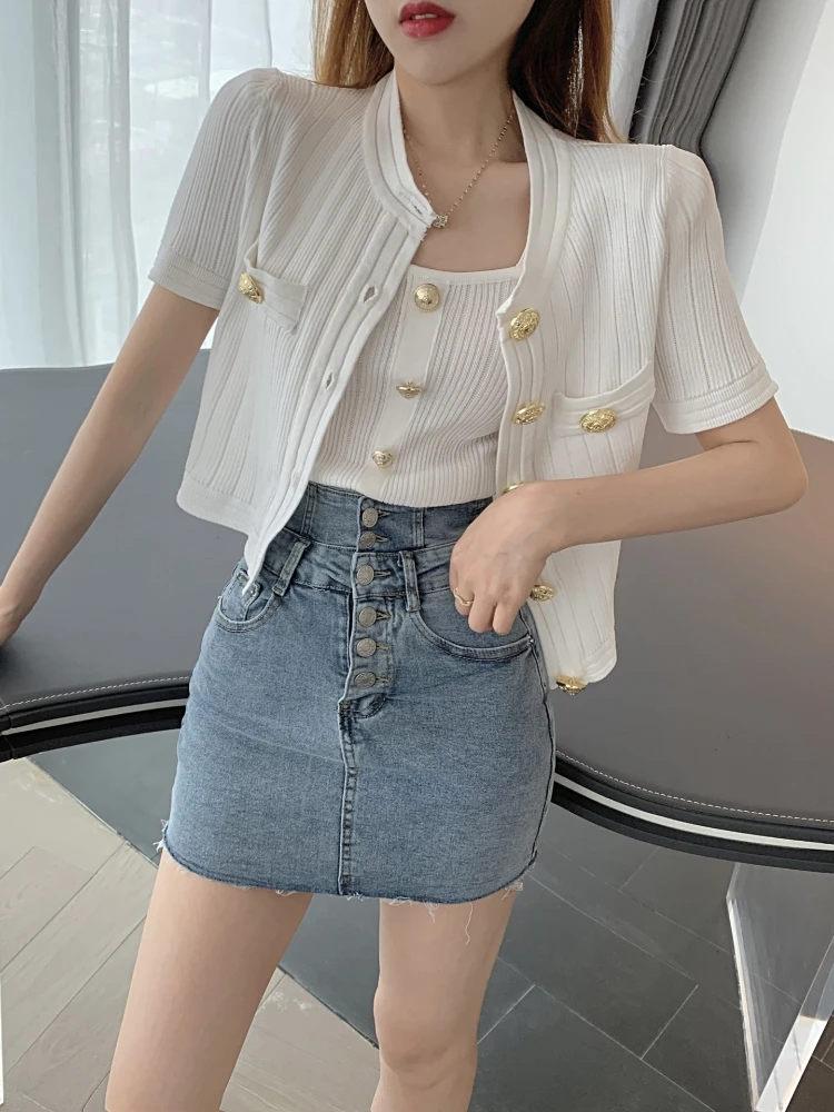 Fashion Knitted Shirt Women\'s Summer New Sweater Jacket Fit Metal Button Short Sleeved Knit Wears Top Female Trendy 2 Piece Sets