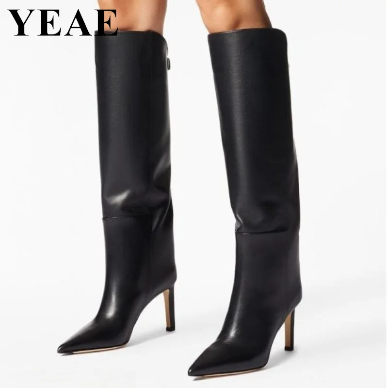 Fashion Pointed Toe High Heel Knee High Boots Women Back Belt Buckle Long Boots Winter Autumn Slip On Women Boots Designer Shoes